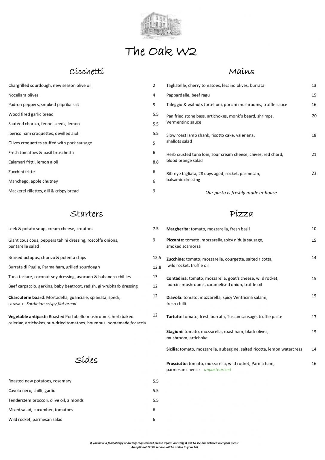 The Oak W Menu